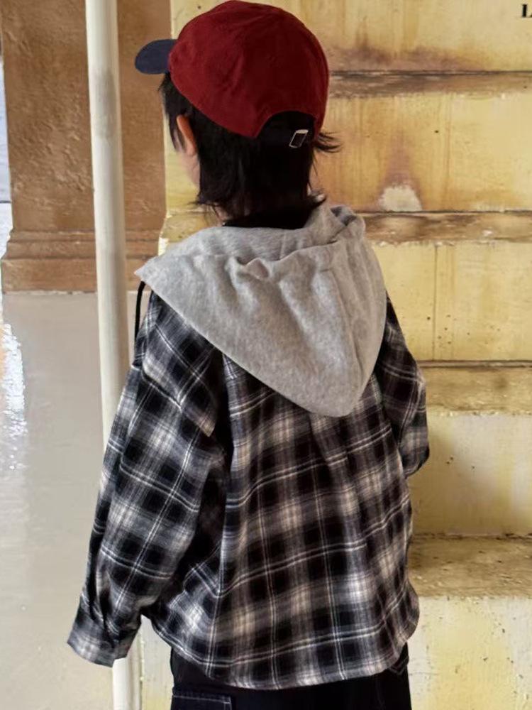 Boy's Spring & Autumn Plaid Hooded Long-Sleeve Shirt Jacket