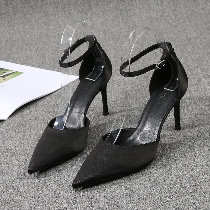 Women's Vulcanized Shoes Black French Hollow Out Thin Heel Pointed Toe Single Strap High Heels for Girls