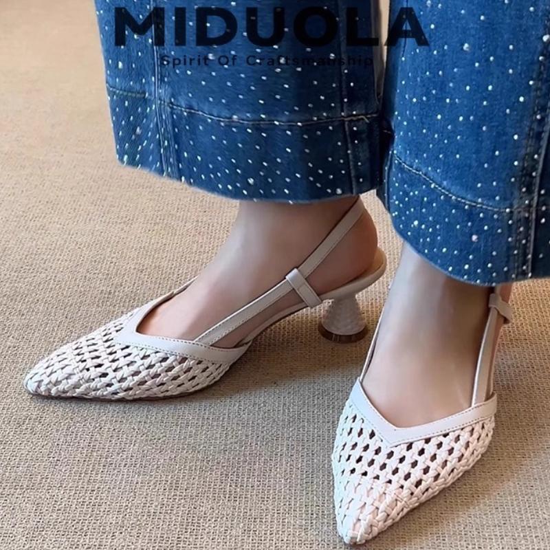 Fashion 2025 Summer Shoes Skeletonized Fashionable Leather Fabric Mid-heel Women Sandals French Square-toed Woven High-heeled Sandals