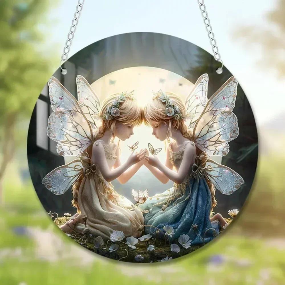 Fairy Angel Colorful Art Flower Suncatcher Stained Window Hanging Round Acrylic Pendant For Home Garden Yard Wall Ornament Decor