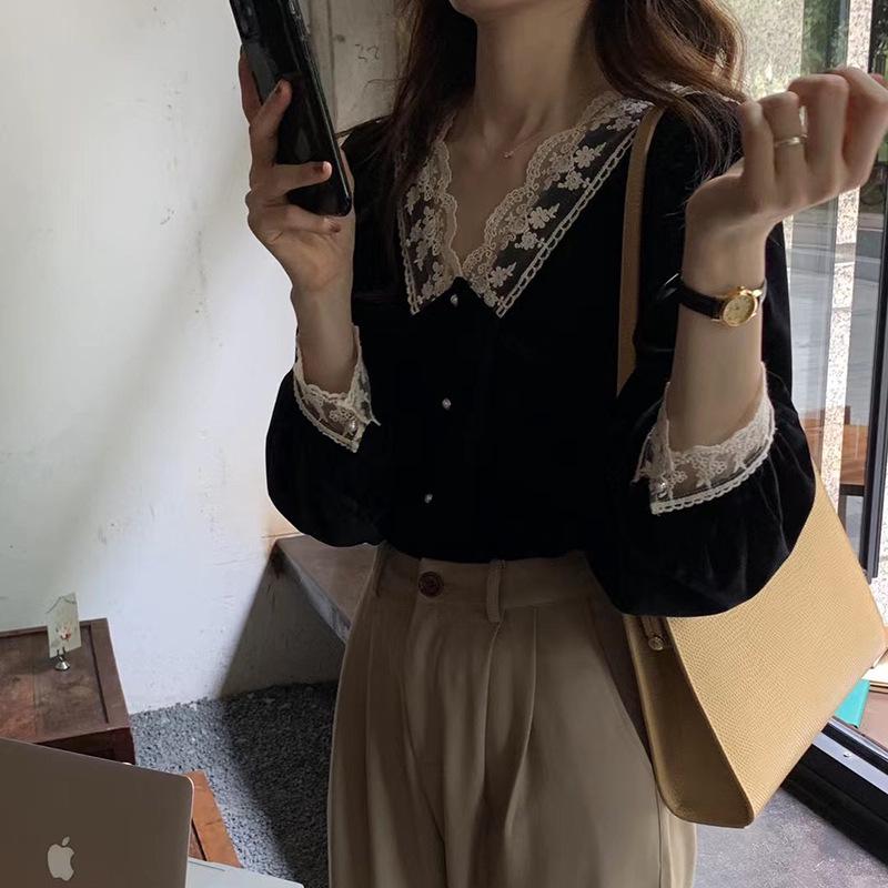 

Топ из бархата с кружевной отделкой в стиле пэчворк с V-образным вырезом - Женский корейский придворный стиль S чёрный