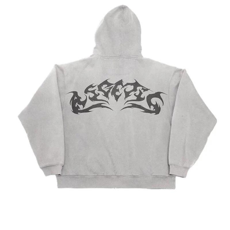 Street Gothic Y2K Flame Print Hoodie Loose Zip Up Sweatshirt Men Women Casual Sportswear