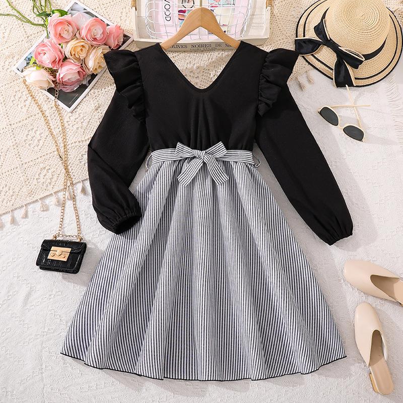 

Платье для девочек Детская одежда Осень Новый стиль V-образный вырез Кружево Длинный рукав Лоскутное Полосатое Платье принцессы 12Y