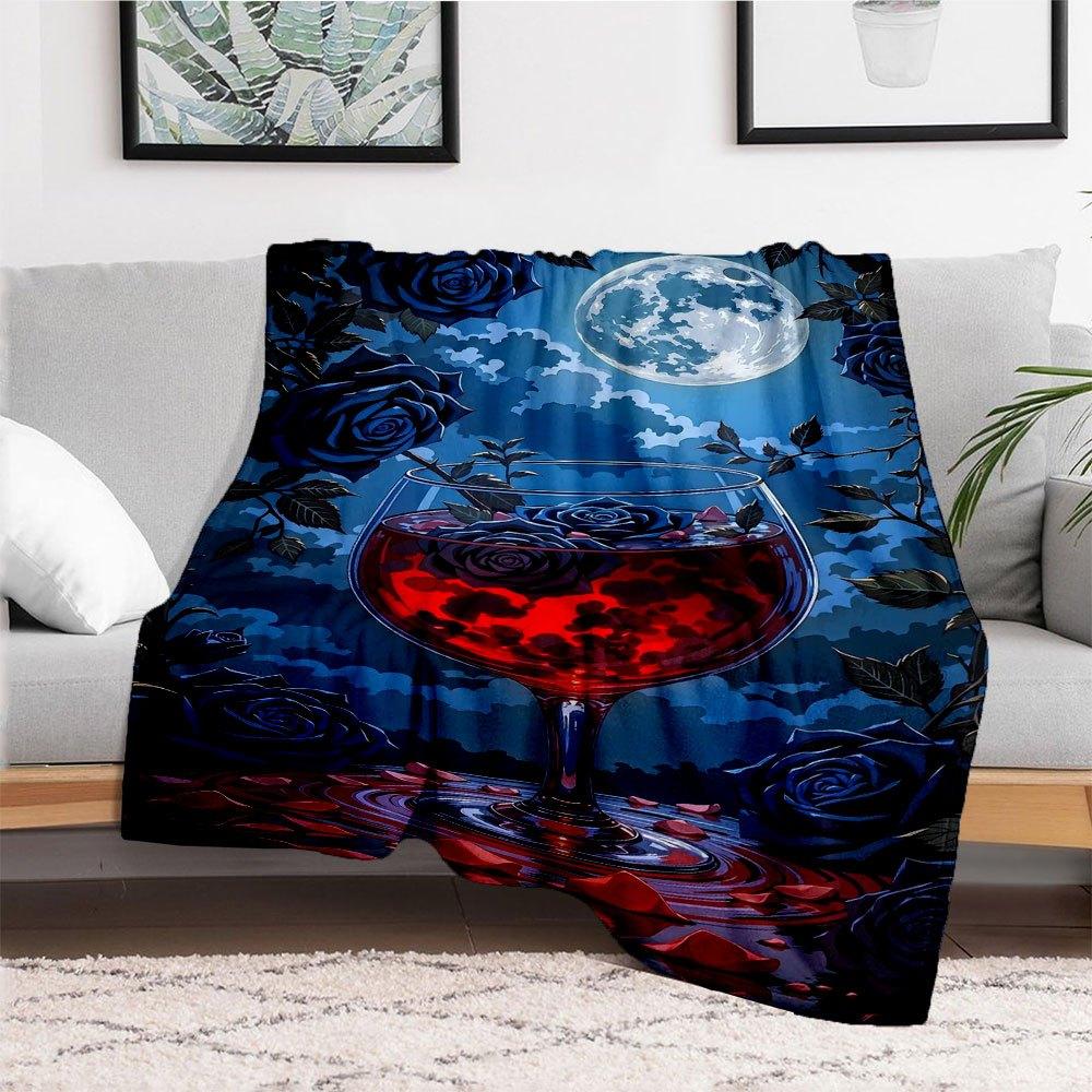 Midnight Elegance: Wine Glass with Blue Roses and Full MoonBlanket Flannel Throw Blanket for Sofa, Bed, Travel, Camping, Office, Couch, Chair