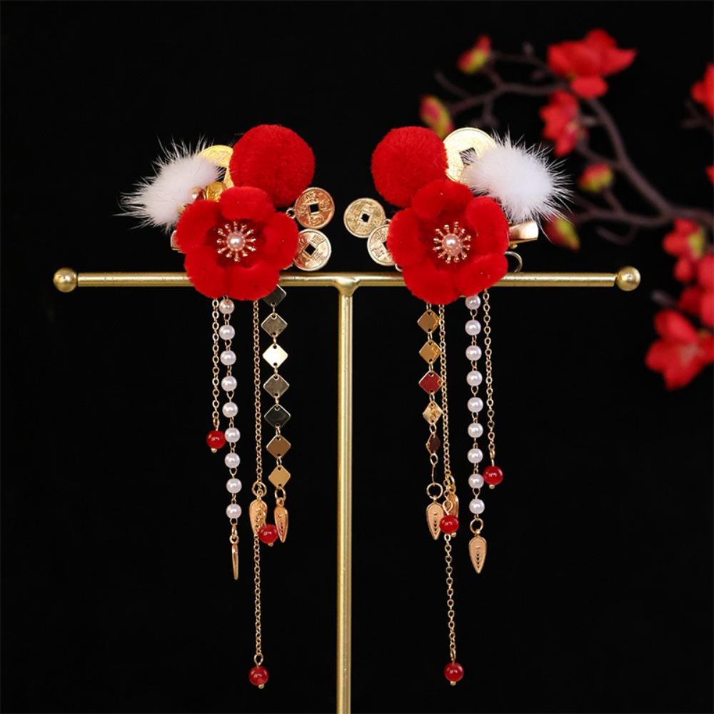 Red Hanfu Hair Clip Fuzzy Ball Chinese New Year Side Clip Exquisite Girl Headdress  Women