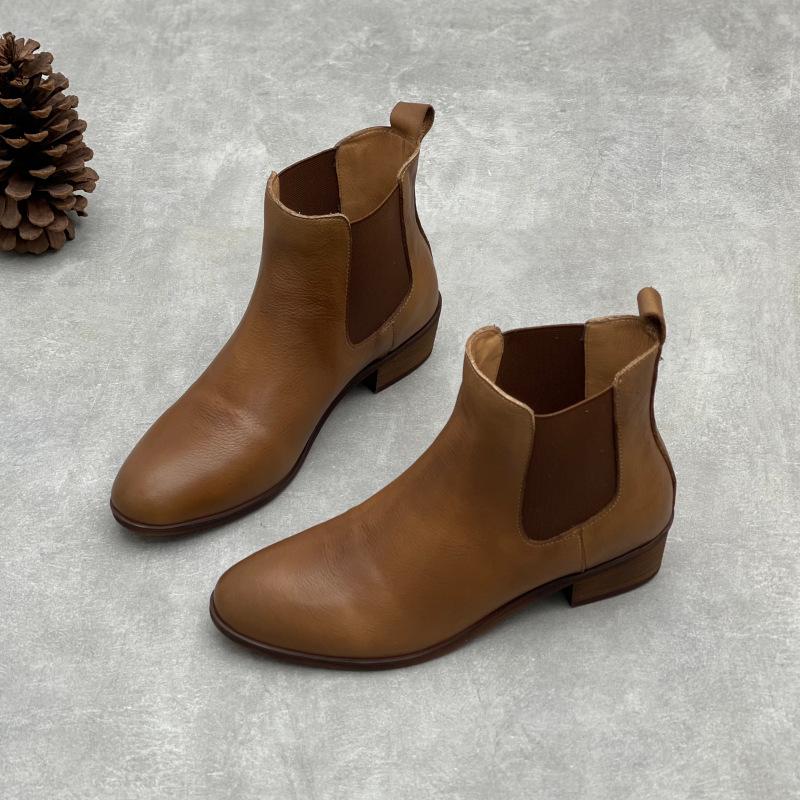 Johnature Handmade Genuine Leather Short Boots Retro Cowhide Versatile Pointed Toe Thick Heel Women's Boots