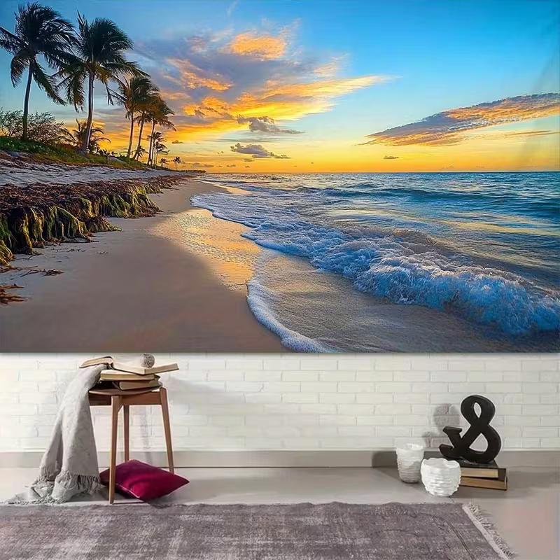2D Beach Sunset Photo Backdrop Summer Luau Party Decor Cloth