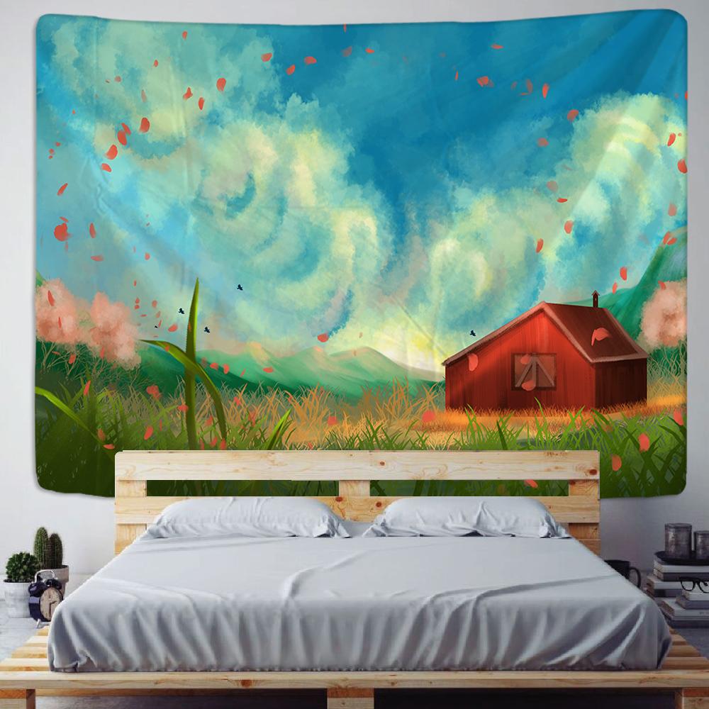 Red House Oil Painting Tapestry Wall Hanging Blue Sky Grassland Bohemian Psychedelic Farm Dormitory Studio Wall Decor