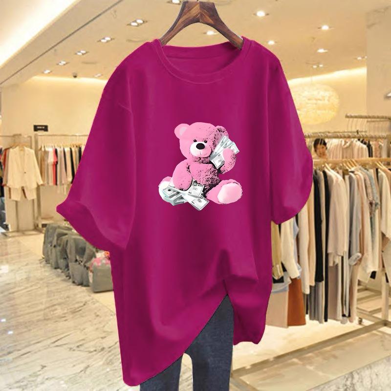 Bear print cotton short-sleeved t-shirt for women's summer new loose round neck medium and long top for women