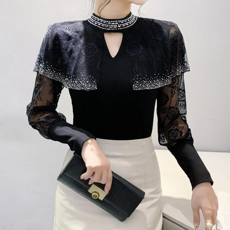 New Spring Autumn European Women Fashion Shiny Hot Diamonds Bling Mesh T-Shirt Chic Sexy Lace Long Sleeve Black Tops Streetwear Girl Tees