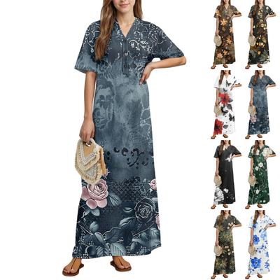 Damenmode Bedrucktes Nachthemd Hauskleidung Kurzarm-Nachthemd mit Taschen Langes Kleid