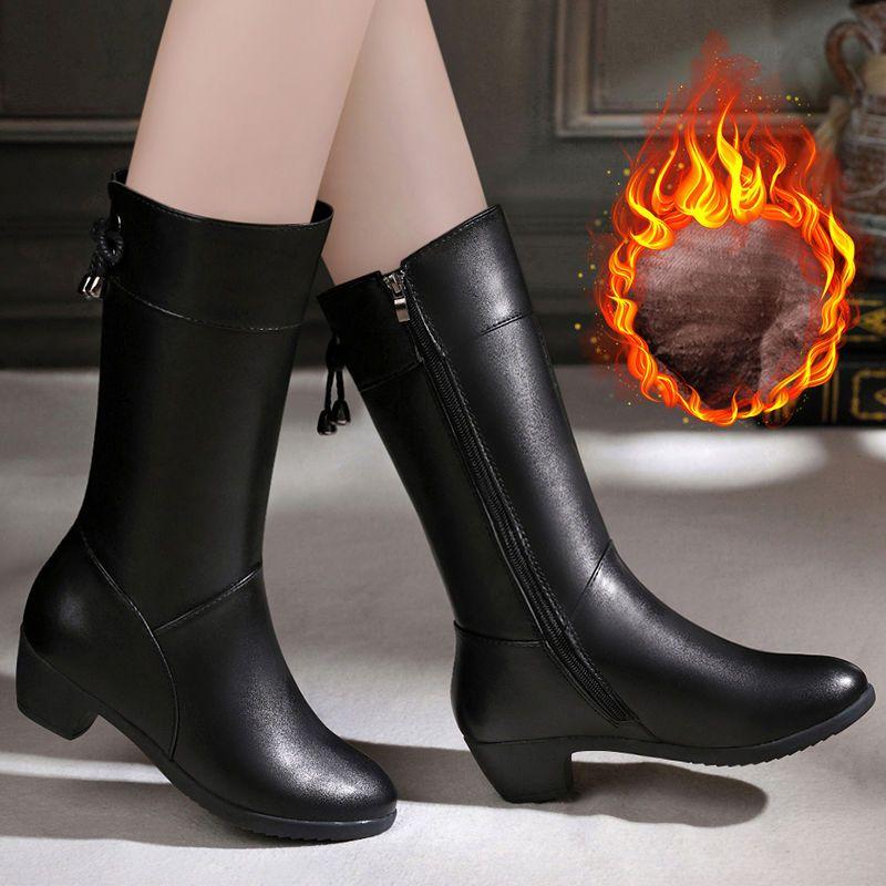 Botas de Invierno para Mujer Botas de Media Caña Casual Color Puro Punta Redonda Cremallera Tacones Cuadrados Zapatos de Mujer Botas Vintage para Mujer