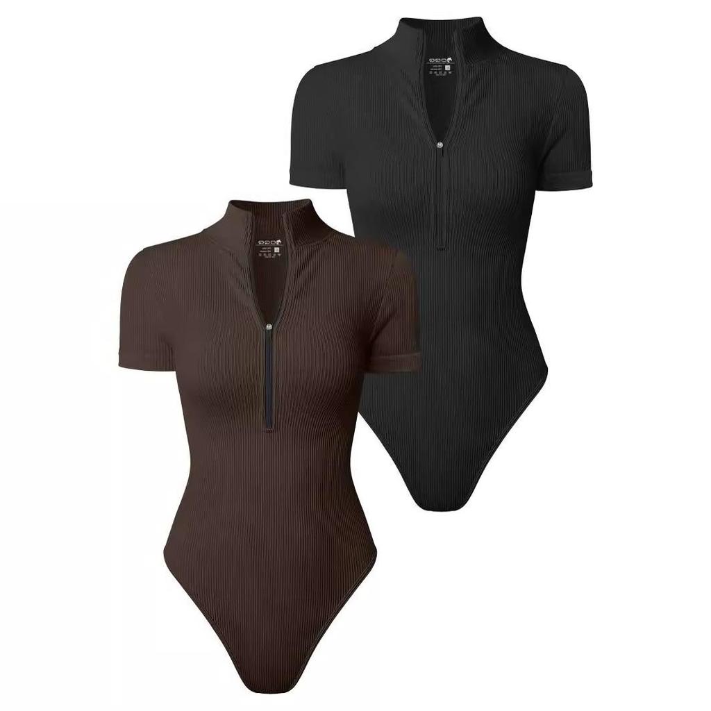 Dámský Sexy Žebrovaný Jednodílný Krátký Rukáv s Předním Zipem a Tanga Bodystocking