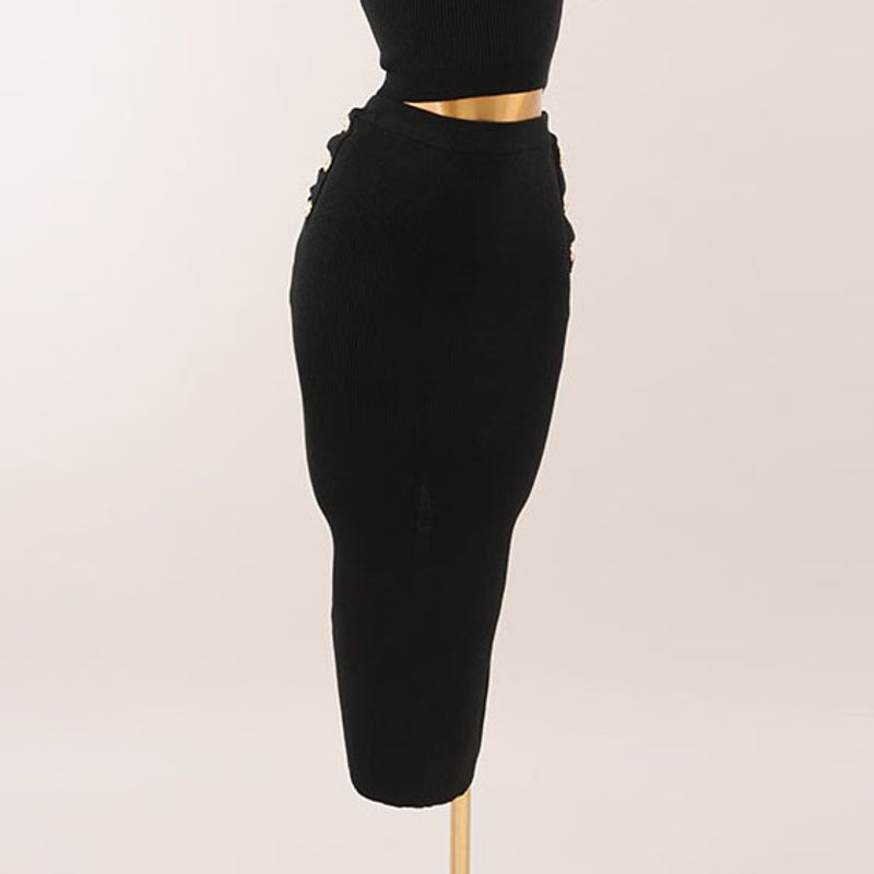 

Доступная роскошь Серебряный узкий плечевой короткий топ-майка + юбка-карандаш с разрезом сзади Экспортный трикотажный костюм-двойка Black Skirt L