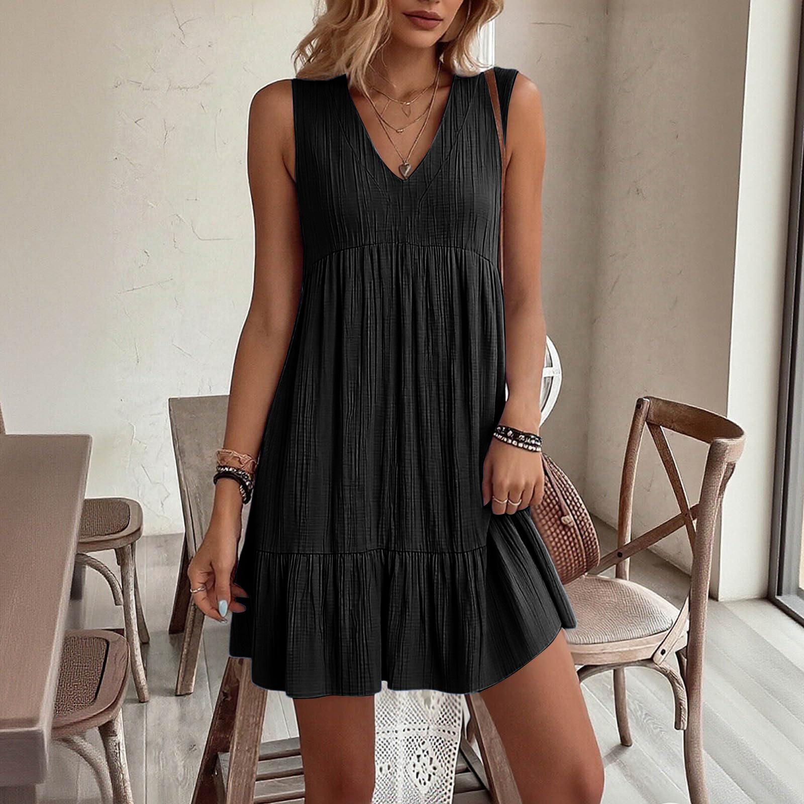 Women V Neck Loose Fit Sleeveless Dress with Pleated Texture and Casual Relaxed for Summer Wear S чёрный