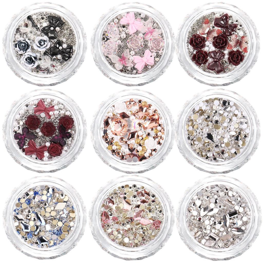 Round Box Nail Art Jewelry Glass Butterfly Camellia Pointed Bottom Drill Flat Bottom Diamond Nail Art Diamond Jewelry Mixed