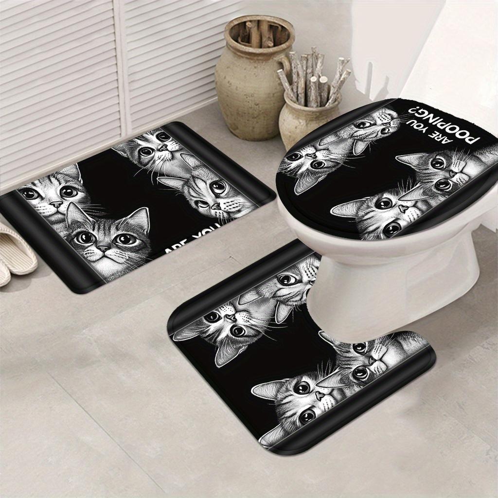 4Pcs Funny Black Cat Shower Curtain Set with Non-Slip Bath Mat, Toilet Lid Cover, Contour Rug & 12 Hooks, Bathroom Decor