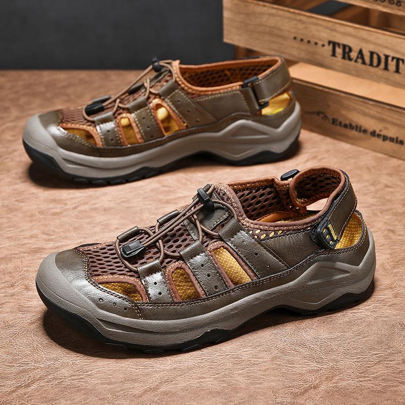 Fashion New Beach Flats Handmade Retro Men Sandals Men's Tide Summer Walking Shoes Leather Outdoor Loafers Leisure Sports Hollow Sandals