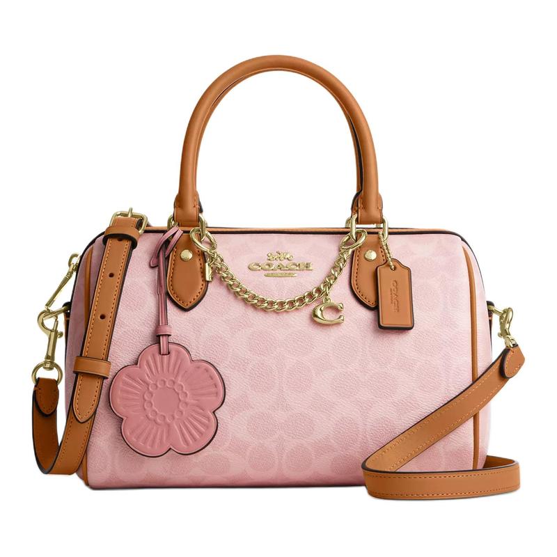 Coach BORSA A SPALLA Rowan 25 hardware dorato tela rivestita borsa a mano media da donna rosa