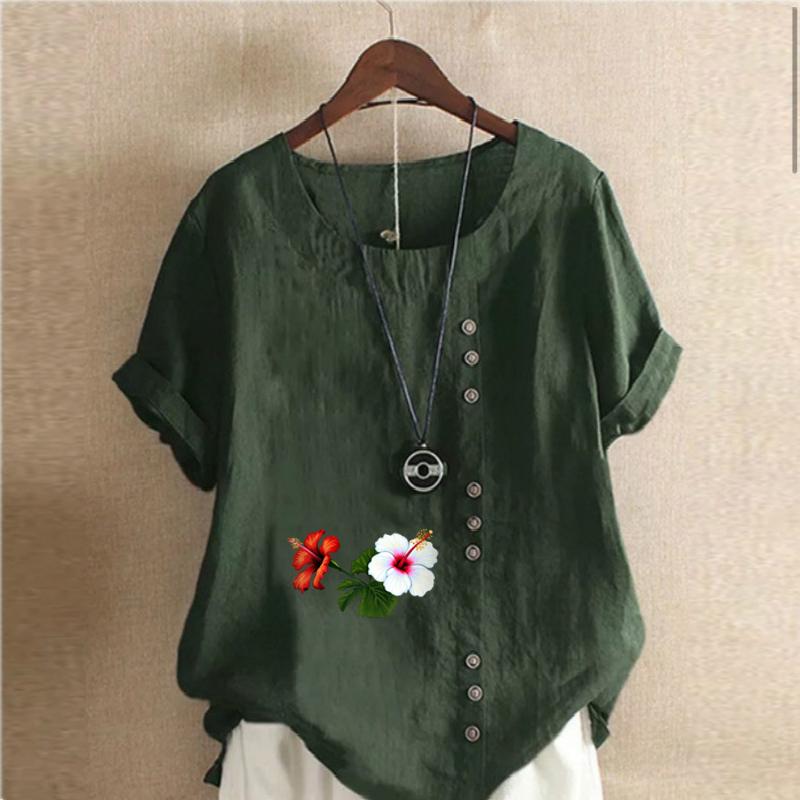 Women's Fashion Round Neck Short Sleeve T-shirt Casual Cotton Linen Graphic Shirt Leisure Loose Flowers Prined Summer Blouse Tops