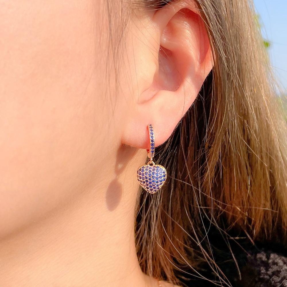 Fresh Love Peach Heart Zircon Ear Buckles, Full Diamond Heart-Shaped Zircon Earrings, Earrings.