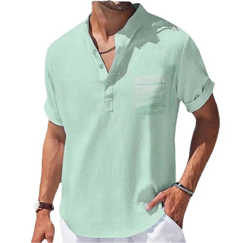 Casual Stand-up Collar Solid Color Short-sleeved Linen Shirt Fashion Breathable Loose Youth Basic Pocket Top