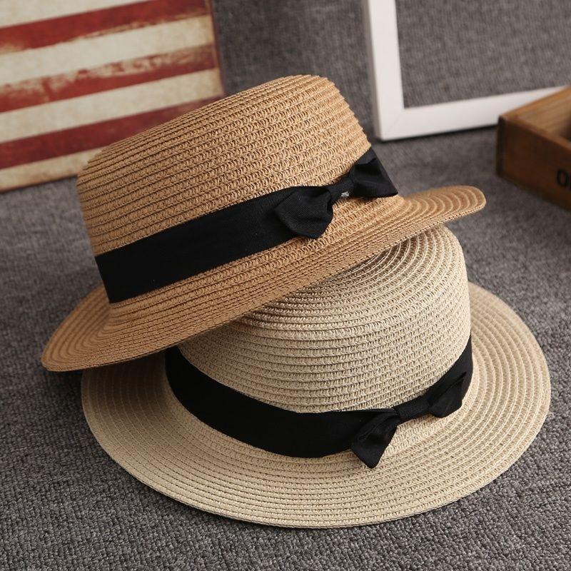 Flat top straw hat women's beach sunscreen bow top hat photo vacation straw weaving simple temperament sun hat