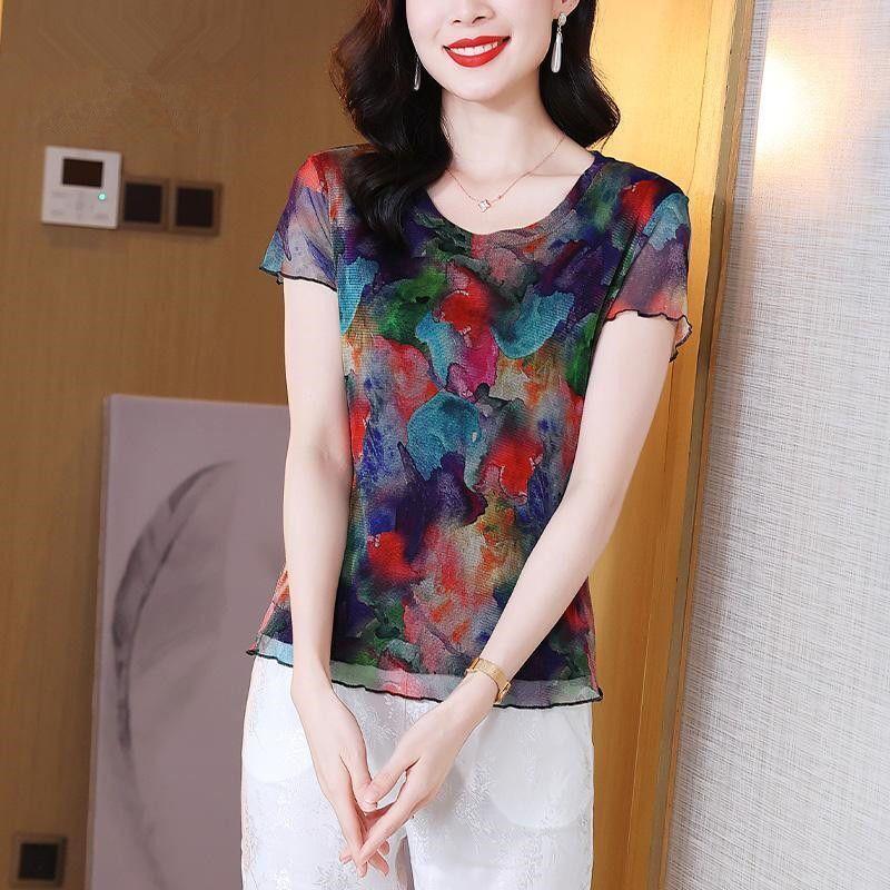 Hohe Elastizität Netz Rundhals Kurzarm Atmungsaktives Netz Gestricktes T-Shirt Top Sommer Neu Bedrucktes Top