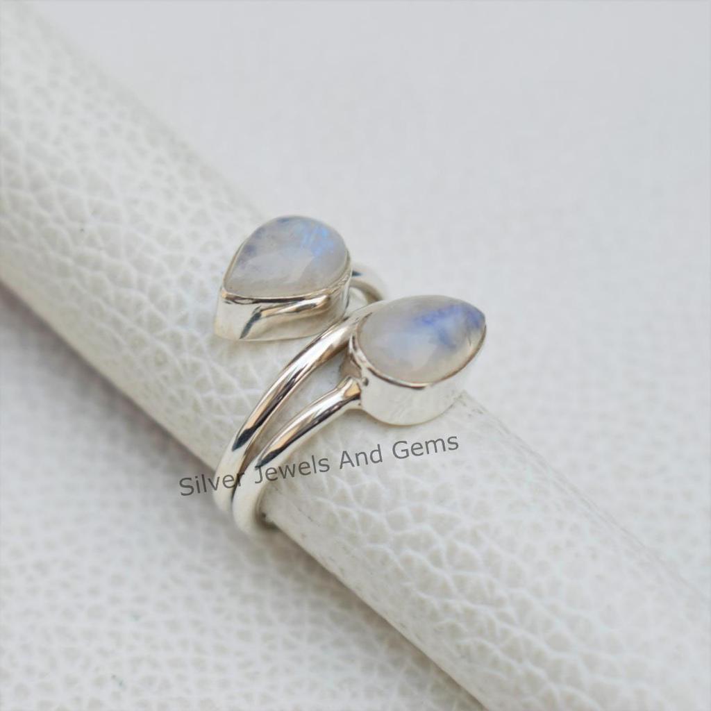 Natural Moonstone Ring, Handmade Ring, 925 Sterling Silver Ring, Teardrop Two Gemstone Ring, Gift for Her, Birthday Ring