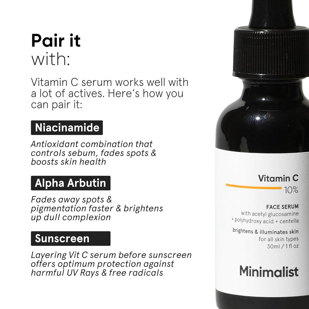 Minimalist 10% Vitamin C Face Serum For Sensitive Skin | Brightening Hydrating Unisex Formula With Ethyl Ascorbic Acid | 10ml
