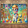 Cute scientist kid lab tapestry cartoon chemistry microscope beakers childrens room educational STEM playroom wall art learning