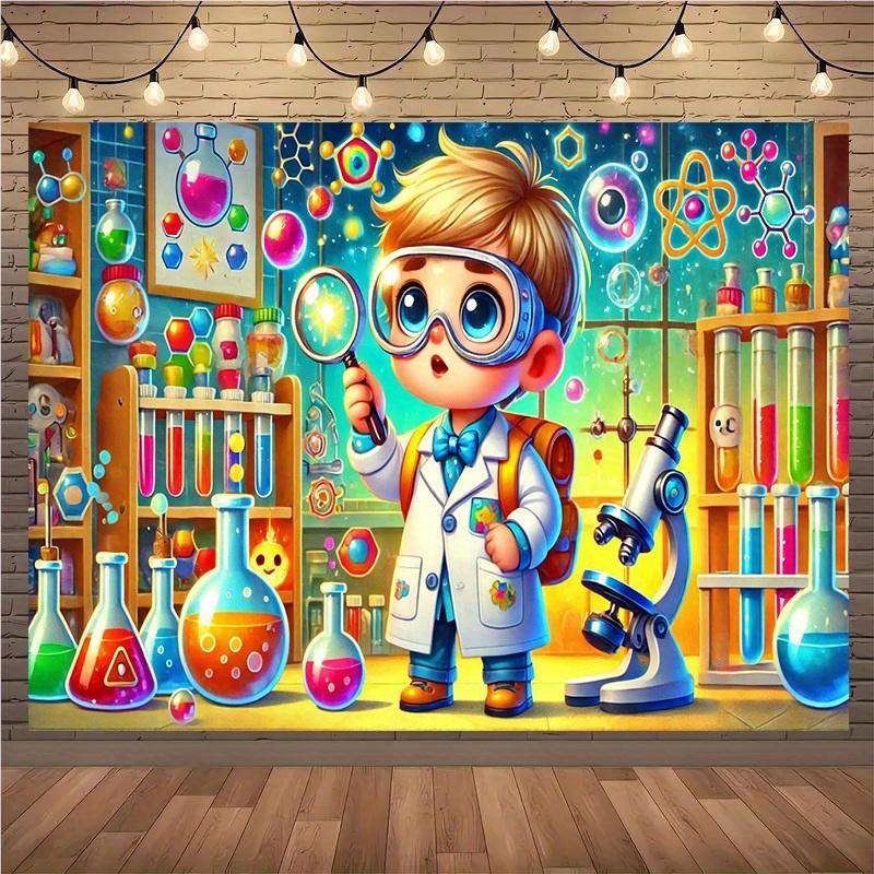 Cute scientist kid lab tapestry cartoon chemistry microscope beakers childrens room educational STEM playroom wall art learning