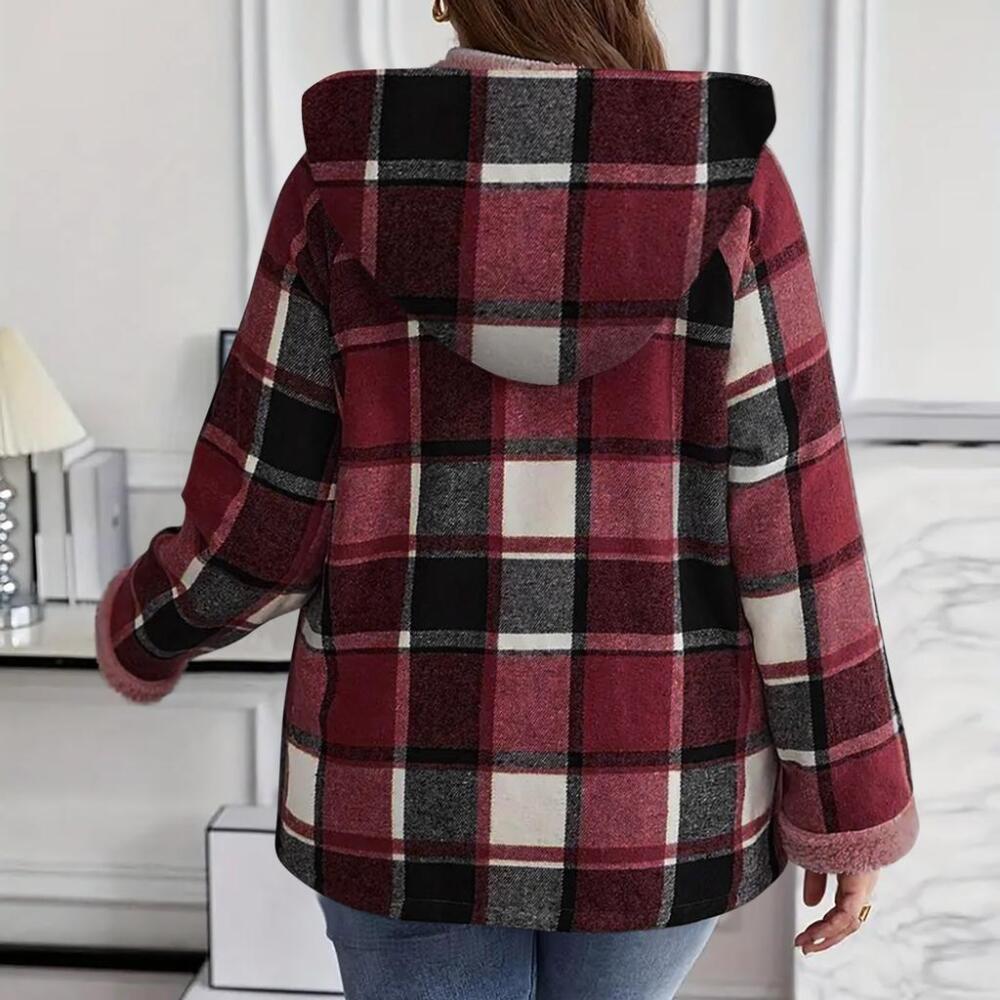 Women's Winter Plaid Hooded Jacket with Warm Plush Lining, Full-Zip Closure and Long Sleeves for Casual Daily Wear