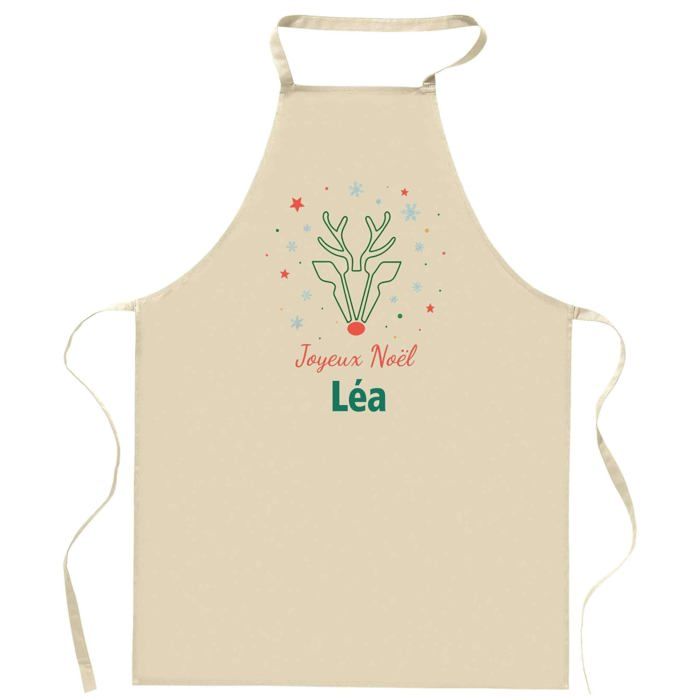 Tablier de cuisine - Joyeux Noël Léa Cerf - Coton résistant - Impression durable (Bretagne) - Liens ajustables