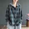 Women's Hooded Long Sleeve Shirt Loose Fit Vintage Plaid Check Casual Button Down Blouse