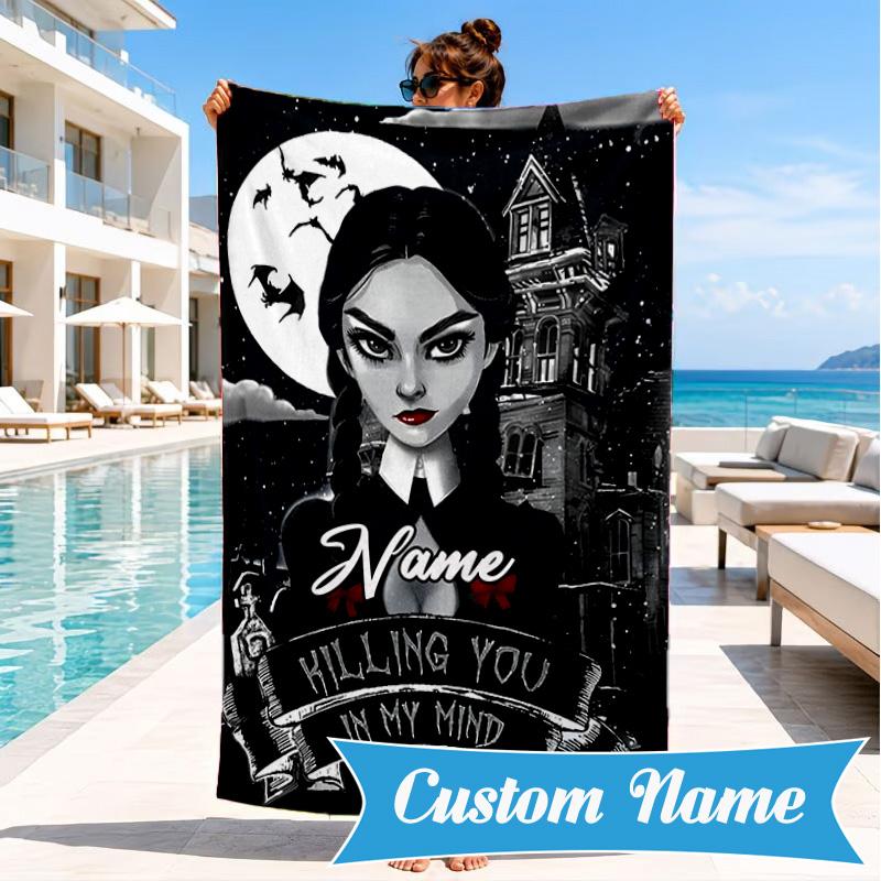 Custom Name Nightmare Addams Beach Towel Microfiber Beach Towel, Lightweight and Quick-Dry, for Summer Travel, Swimming Pool Gift