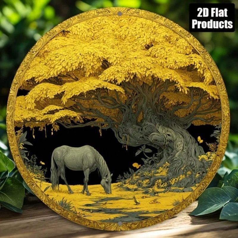 Metal Wall Art Horse Eating Grass Round Tin Sign 8x8 Inch Home Decor