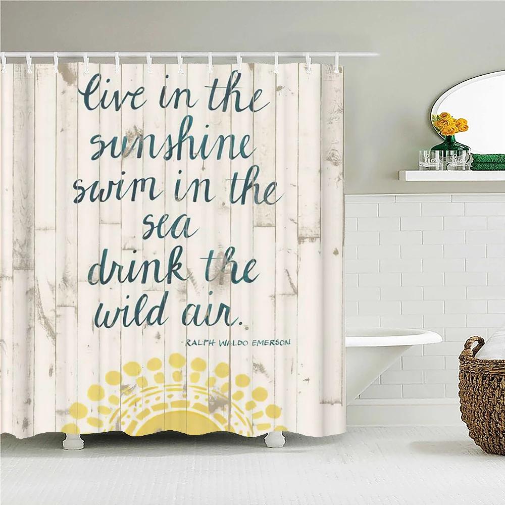 Vintage Style Retro Wood Word Bath Curtain Waterproof Fabric Shower Curtains Personality Bathtub Screen for Bathroom Home Decor