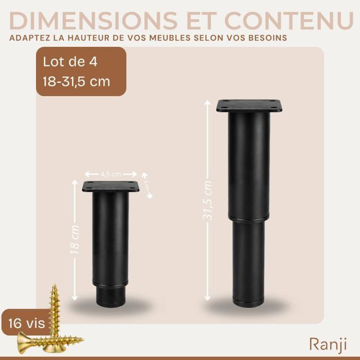 Set mit 4 verstellbaren Möbelfüßen aus Stahl 18-31,5cm, Schwarz, Stabile Befestigungsplatte, Rutschfeste Kappen