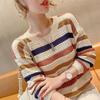 Sweter Damski Luźny Koreańska Moda Dzianinowy Jesień Wiosna Sweterek Pasiasty Z Przewiewnymi Wzorami Streetwear Okrągły Dekolt Damska Odzież