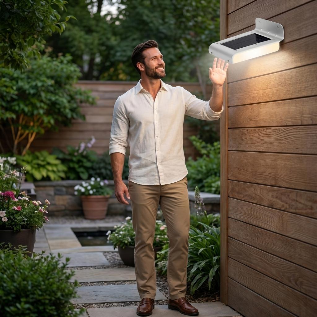 Solar Powered Outdoor Motion Sensor Light Wall Mounted LED Security Light for Garden Yard Pathway Porch with Adjustable Sensor