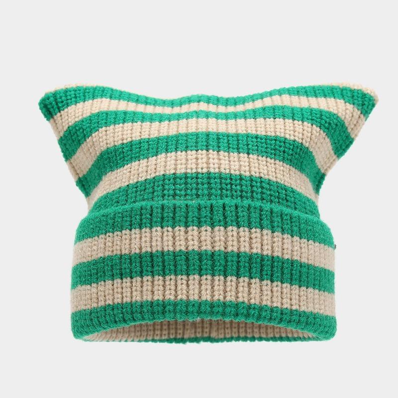 Black and White Striped Cat Ear Hat Thermal Pullover Hat Knitted Hat Fashionable Versatile Cold Hat
