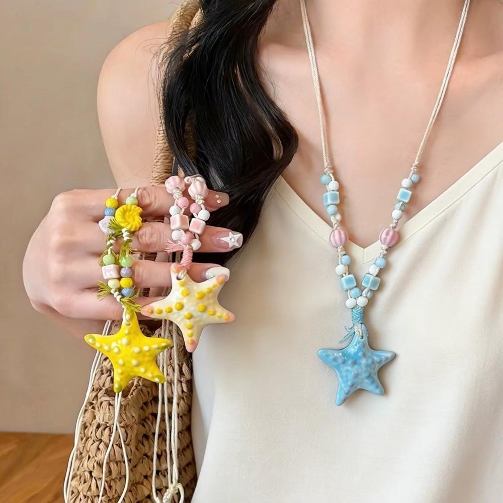 Starfish Beaded Long Chain Necklace Ceramic Women Pendant Rope Necklace Bohemian Accessories