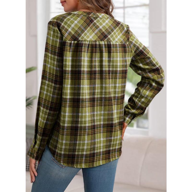 Women S V Neck Plaid Long Sleeve Casual Shirt