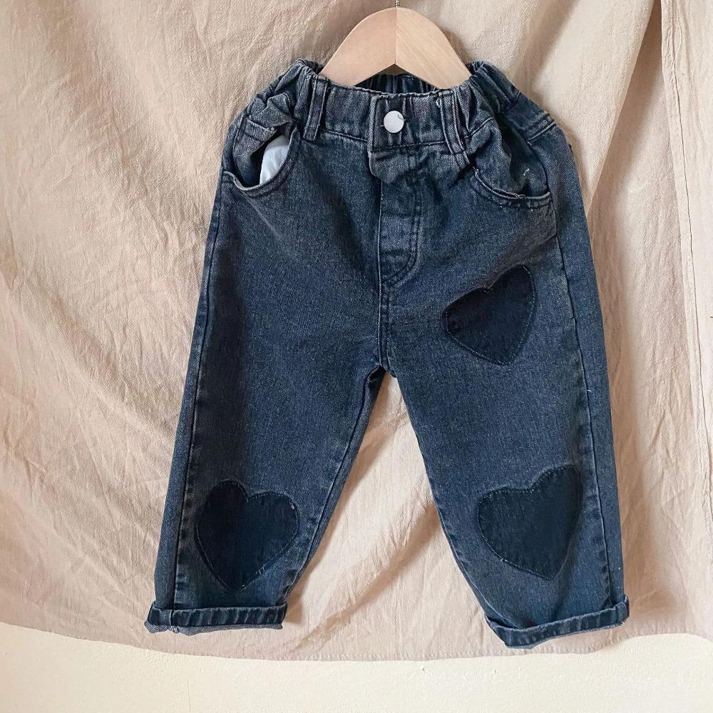 Spring Girl Baby Patch Love Jeans Retro Boy Children Pockets Casual Pants Loose Kid Cotton Trousers Toddler Denim Pants