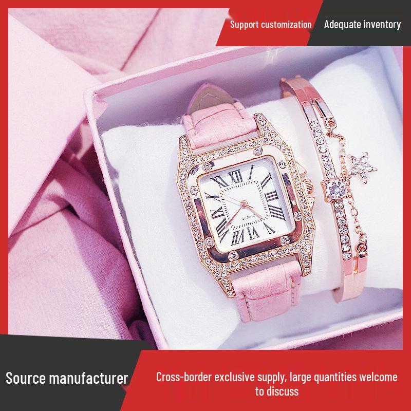 Women's Trendy Square Dial Quartz Watch with Leather Strap & Star Bangle