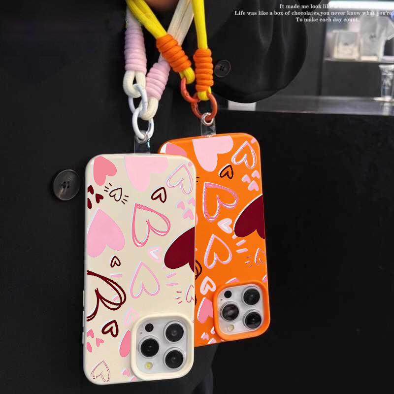 Fashion INS Y2K Love Heart Phone Chain Lanyard Case For iPhone 17 16 15 14 13 12 Pro Max 11 Plus Shockproof Lichee Pattern Funda