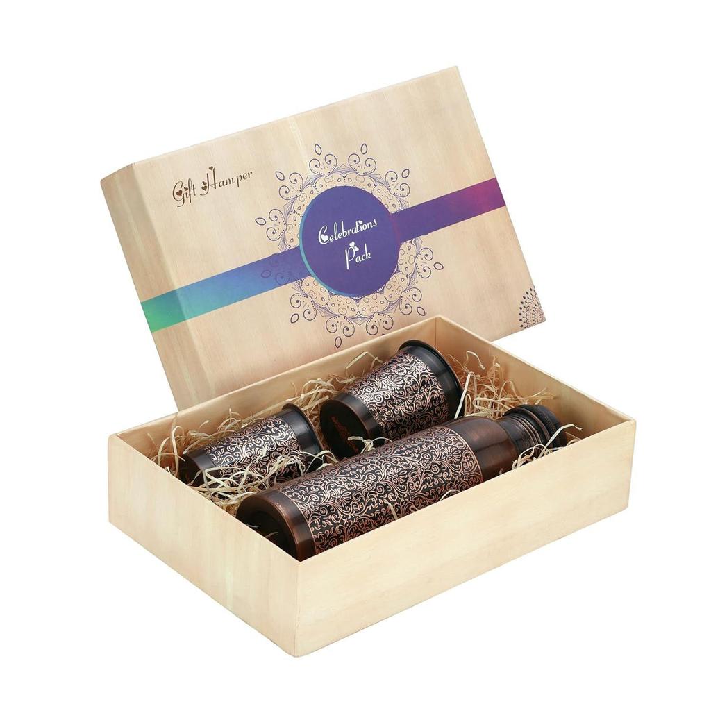 Pure Copper Bottle with 2 Glass Gift Set (Antique Itching Regular) 1 Litres