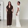 2025 Summer European & American Slimming V-Neck Top & Wide-Leg Pants Two-Piece Set