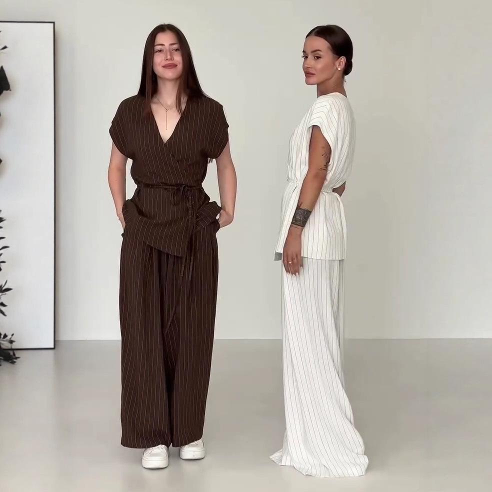 2025 Summer European & American Slimming V-Neck Top & Wide-Leg Pants Two-Piece Set